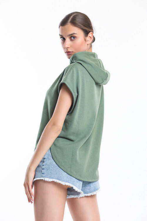 Kapuşonlu Bağcıklı Kolsuz Oversize Tişört