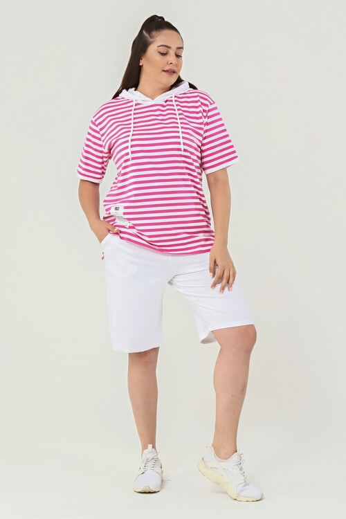 Kapuşonlu Çizgili Büyük Beden Şort Takım