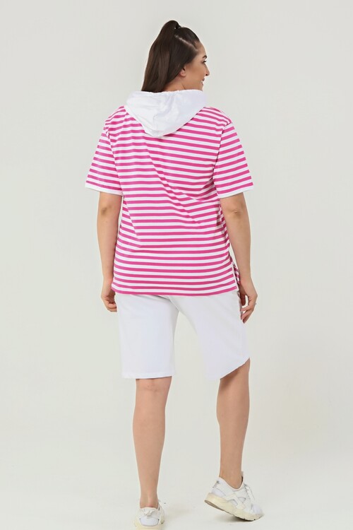 Kapuşonlu Çizgili Büyük Beden Şort Takım