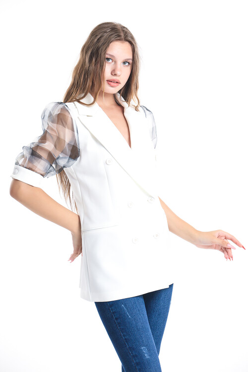 Kolları Transparanlı Gizli Cepli Düğmeli Balon Kol Blazer Ceket