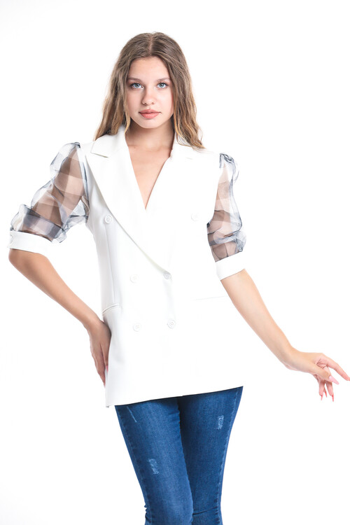 Kolları Transparanlı Gizli Cepli Düğmeli Balon Kol Blazer Ceket