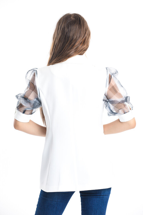 Kolları Transparanlı Gizli Cepli Düğmeli Balon Kol Blazer Ceket