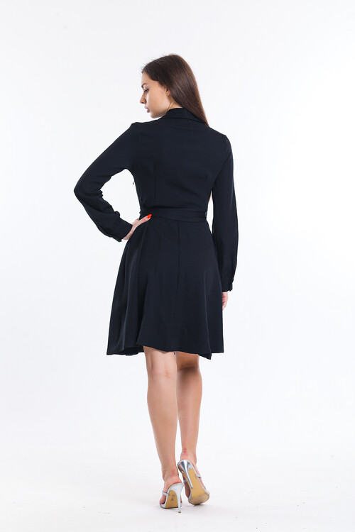 Kruvaze Yaka Yanı Fermuarlı Kuşaklı Uzun Kol Kısa Elbise