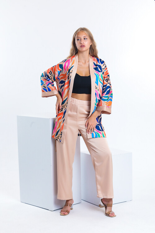 Kuşaklı Desenli Kimona Takım