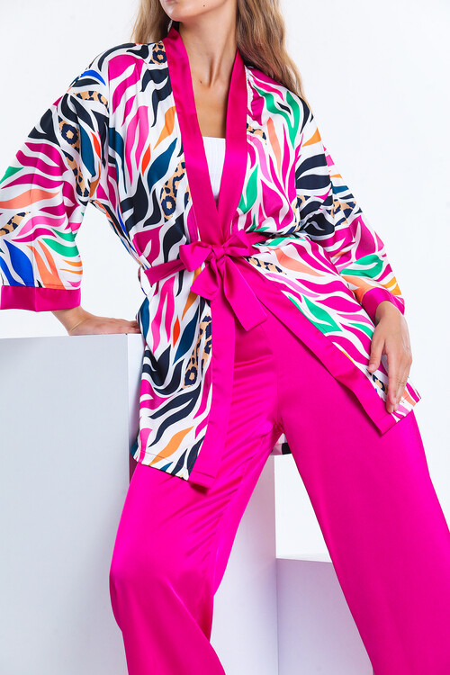 Kuşaklı Desenli Kimona Takım