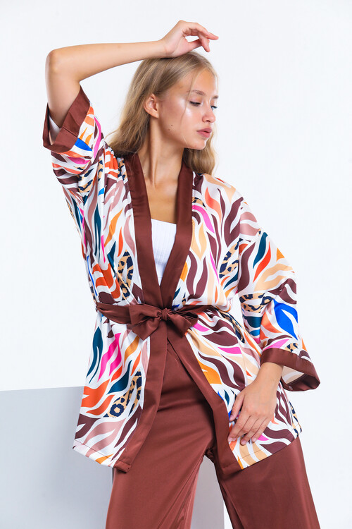 Kuşaklı Desenli Kimona Takım