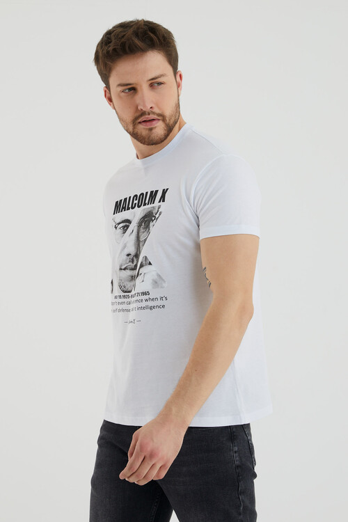 Malcolm X Baskılı Bisiklet Yaka Battal Tshirt