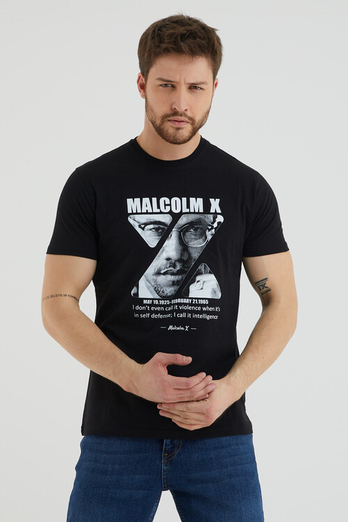 Malcolm X Baskılı Bisiklet Yaka Battal Tshirt