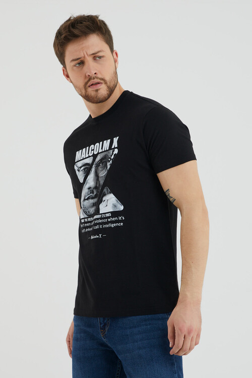 Malcolm X Baskılı Bisiklet Yaka Battal Tshirt