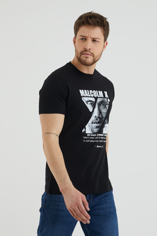 Malcolm X Yazı Baskılı Bisiklet Yaka Tshirt