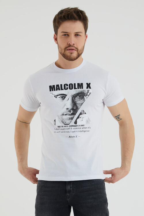 Malcolm X Yazı Baskılı Bisiklet Yaka Tshirt