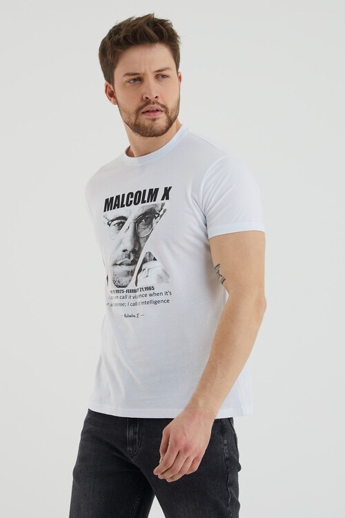 Malcolm X Yazı Baskılı Bisiklet Yaka Tshirt
