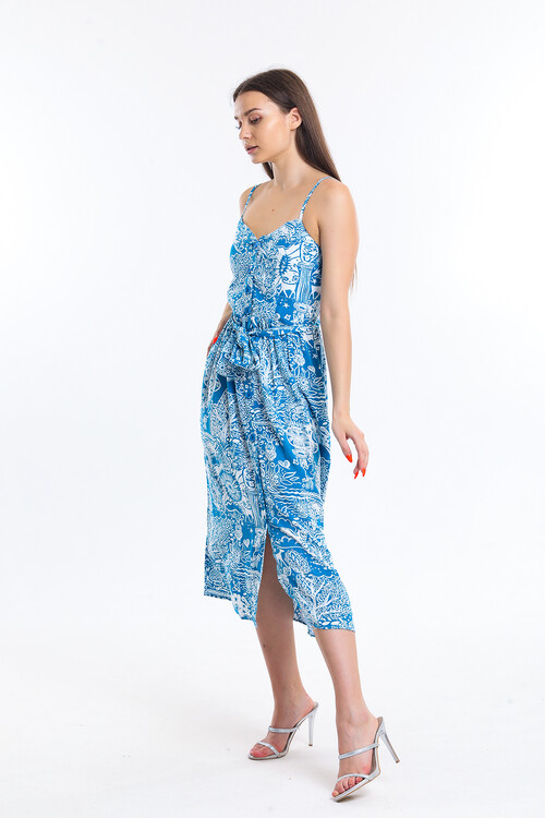 Önü Düğmeli Askılı Desenli Kuşaklı Elbise