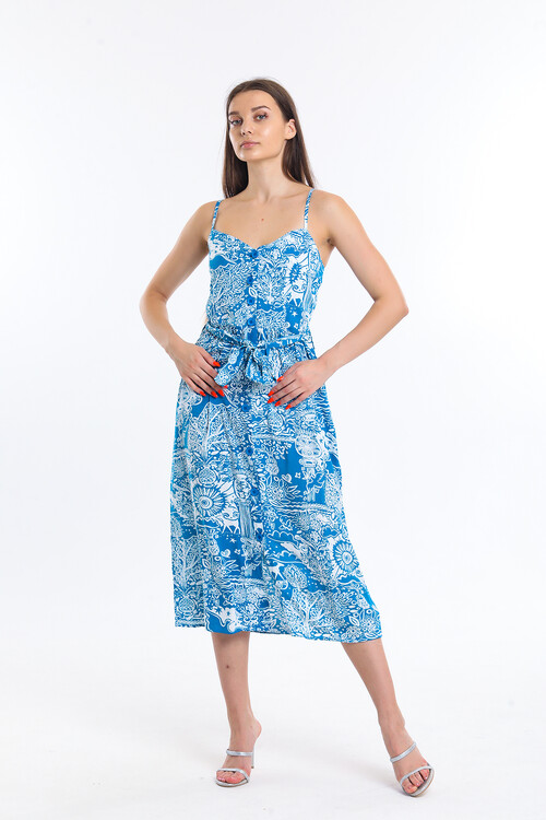 Önü Düğmeli Askılı Desenli Kuşaklı Elbise