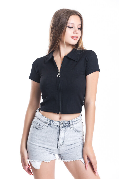 Önü Fermuarlı Gömlek Yaka Kaşkorseli Crop Bluz