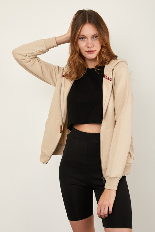 Önü Fermuarlı Kanguru Cepli Bağcıklı Kapuşonlu Sweat