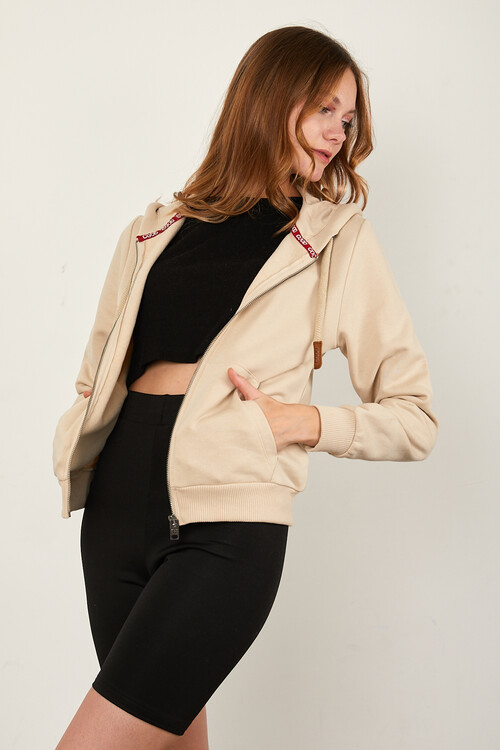 Önü Fermuarlı Kanguru Cepli Bağcıklı Kapuşonlu Sweat