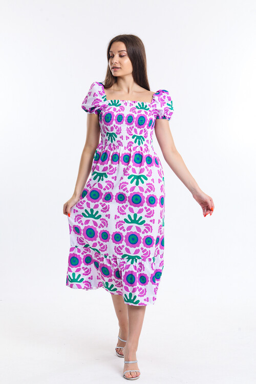 Robası Büzgülü Balon Kol Desenli Uzun Elbise