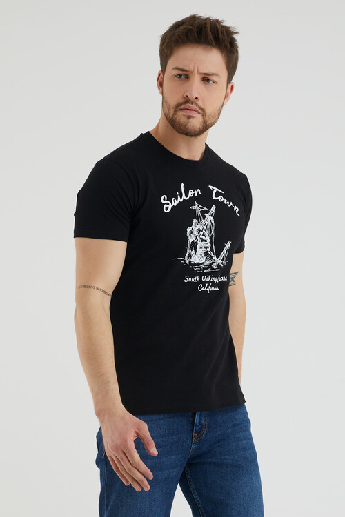 Sailon Tour Yazı Baskılı Bisiklet Yaka Slim Fit Tshirt
