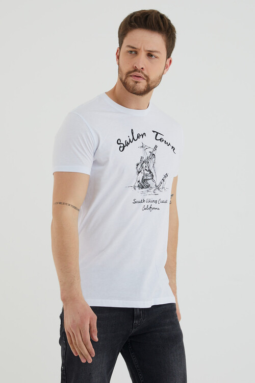 Sailon Tour Yazı Baskılı Bisiklet Yaka Slim Fit Tshirt