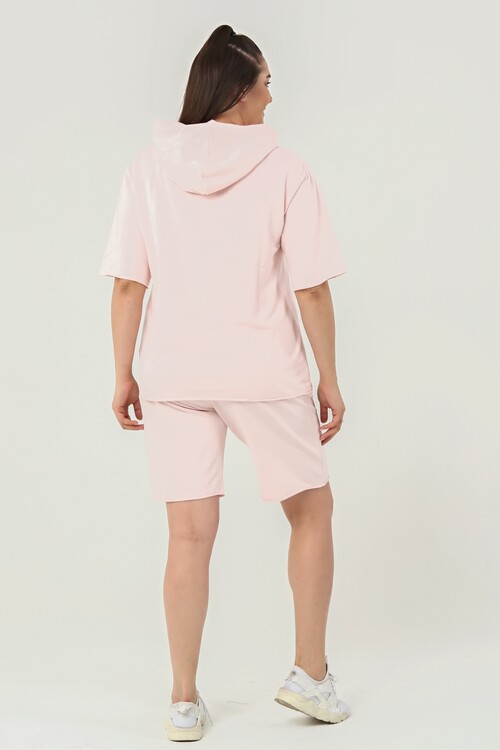 Taş İşlemeli Kapuşonlu Büyük Beden Şort Takım