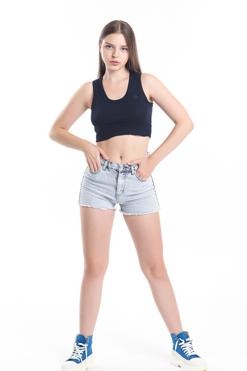 U Yaka Nakış Detaylı Kolsuz Crop Bluz