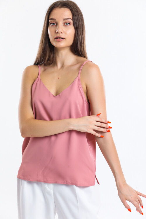 V Yaka Askılı Yırtmaçlı Şifon Bluz