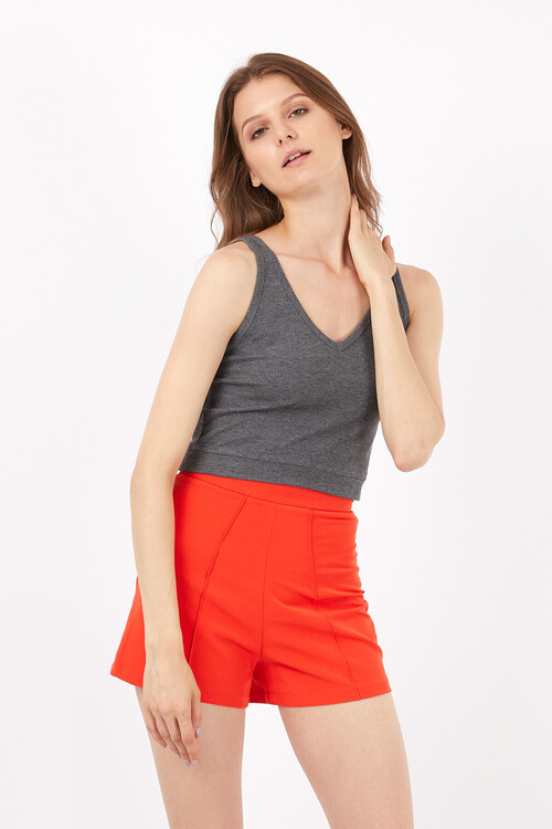 V Yaka Kaşkorseli Askılı Crop Bluz