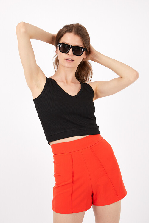 V Yaka Kaşkorseli Askılı Crop Bluz