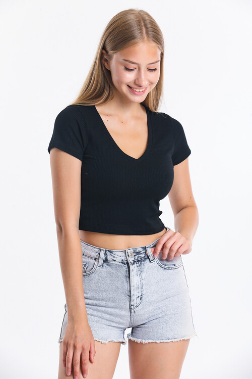 V Yaka Kaşkorseli Crop Bluz