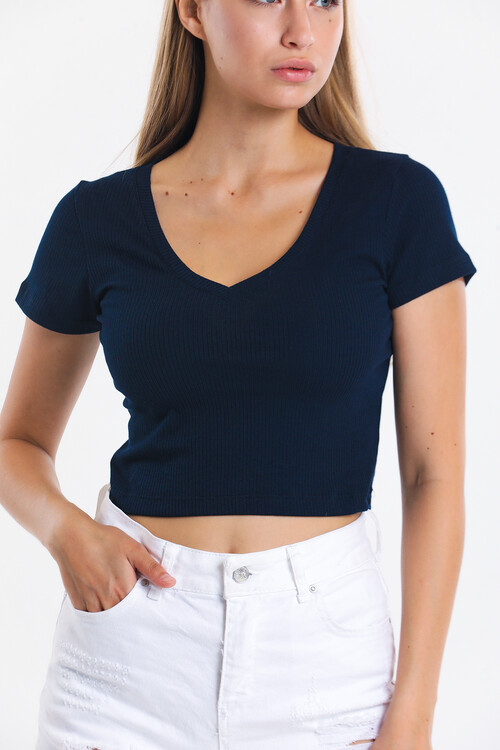 V Yaka Kaşkorseli Crop Bluz