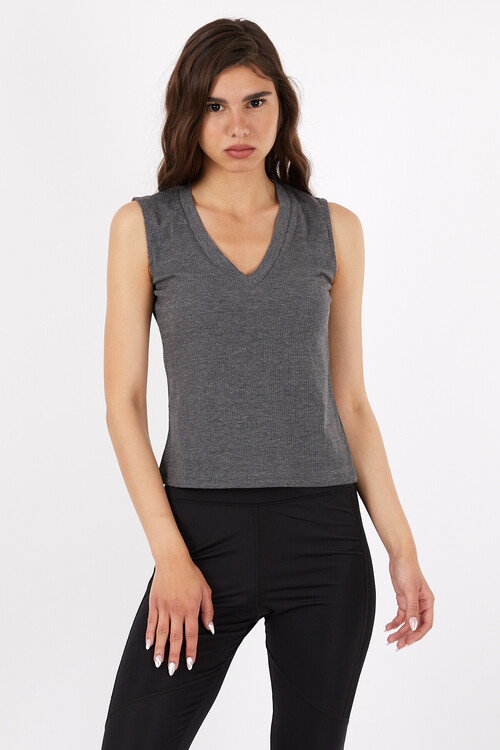 V Yaka Kaşkorseli Kolsuz Dekolteli Crop Bluz