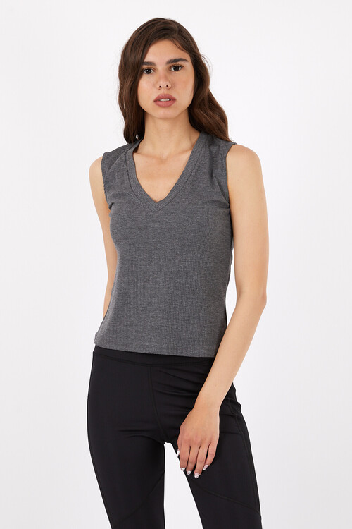 V Yaka Kaşkorseli Kolsuz Dekolteli Crop Bluz