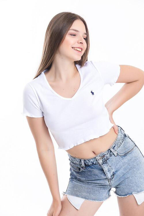 V Yaka Kolu ve Eteği Büzgülü Crop Bluz