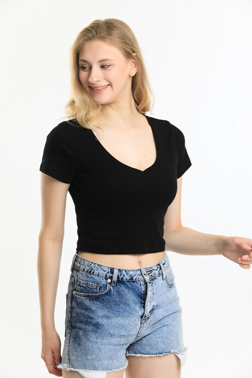 V Yaka Nakış Detaylı Crop Bluz
