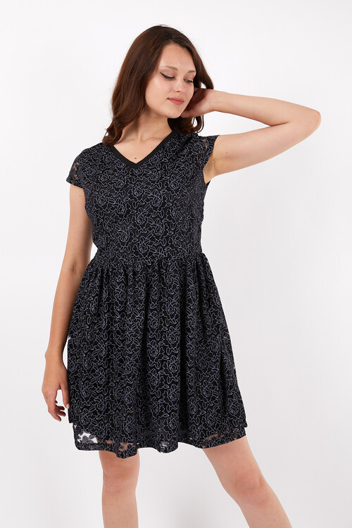 V Yaka Pileli Kesik Kol Papatya Desenli Yanı Fermuarlı Kısa Elbise