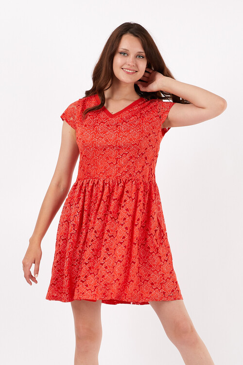 V Yaka Pileli Kesik Kol Papatya Desenli Yanı Fermuarlı Kısa Elbise