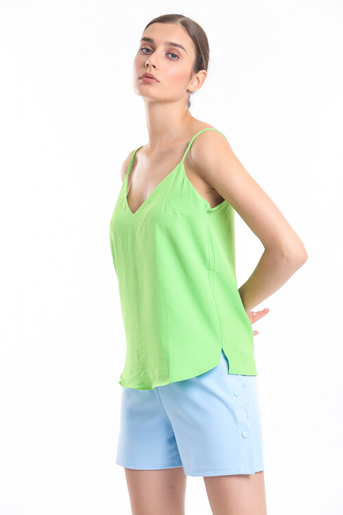 V Yaka Yanları Yırtmaçlı Askılı Bluz