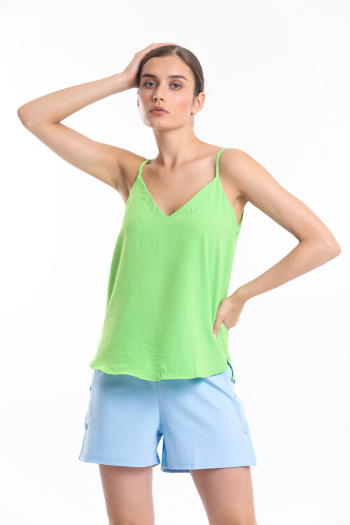 V Yaka Yanları Yırtmaçlı Askılı Bluz