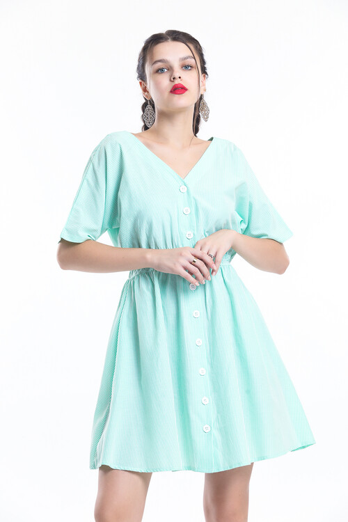 V Yaka Yarasa Kol Önü Düğmeli Beli Büzgülü Çizgili Kısa Elbise