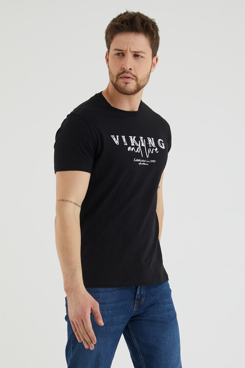 Viking And Live Yazı Baskılı Bisiklet Yaka Battal Tshirt