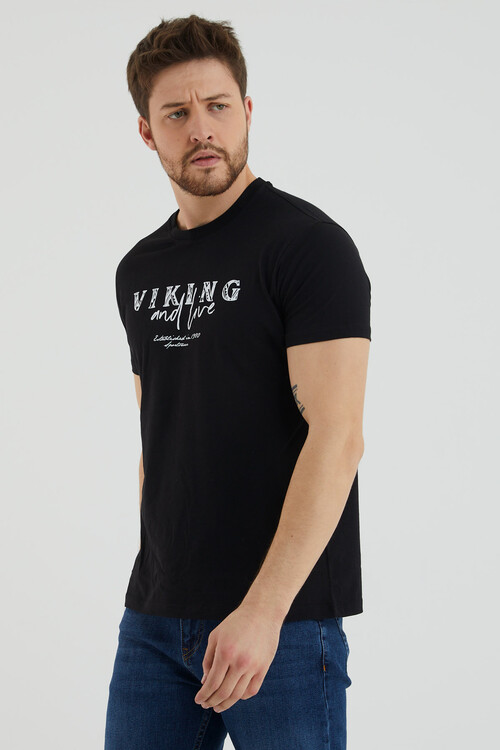 Viking And Live Yazı Baskılı Bisiklet Yaka Slim Fit Tshirt