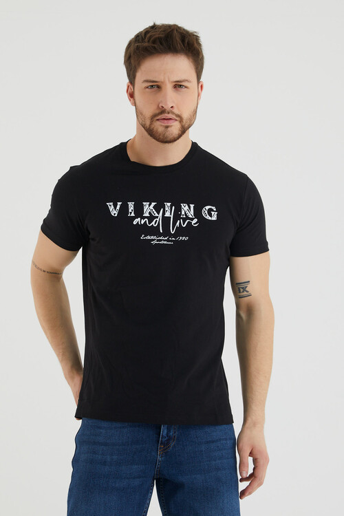 Viking And Live Yazı Baskılı Bisiklet Yaka Slim Fit Tshirt