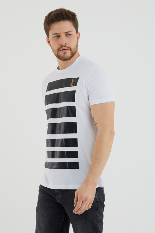 Viking Logolu Şerit Baskılı Bisiklet Yaka Slim Fit Tshirt