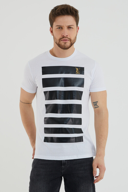 Viking Logolu Şerit Baskılı Bisiklet Yaka Slim Fit Tshirt