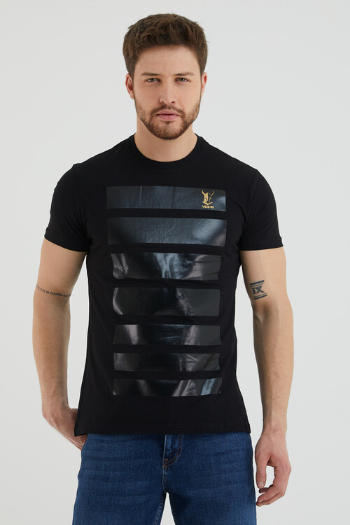 Viking Logolu Şerit Baskılı Bisiklet Yaka Slim Fit Tshirt