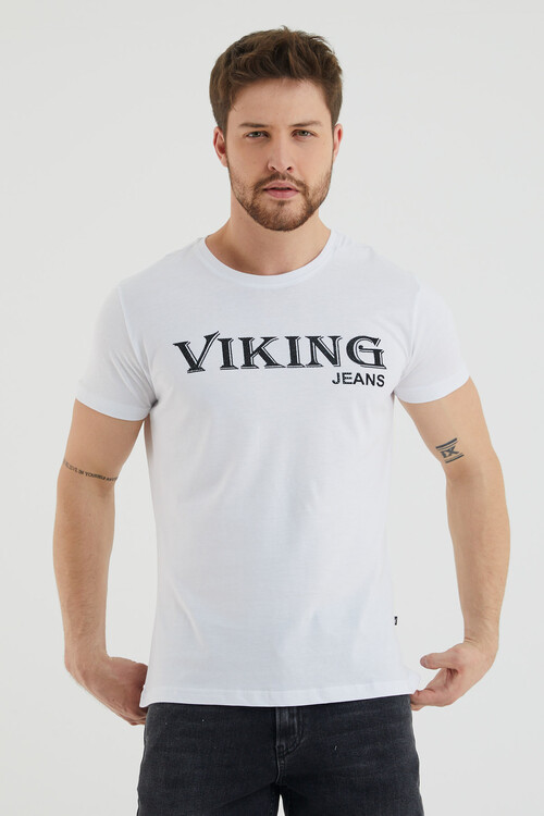 Viking Yazılı Taş Detaylı Bisiklet Yaka Tshirt