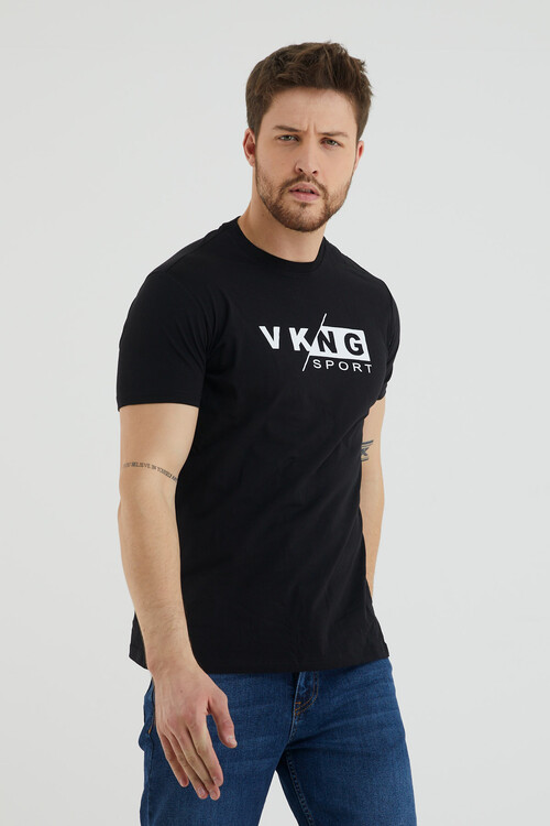 Vkng Sport Yazı Baskılı Bisiklet Yaka Slim Fit Tshirt