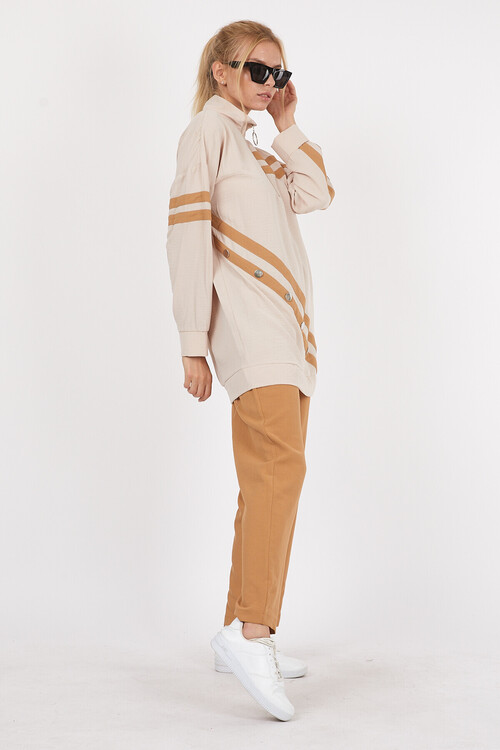 Yakası Fermuarlı Önü ve Kolları Şeritli Drop Detaylı Eşofman Takım