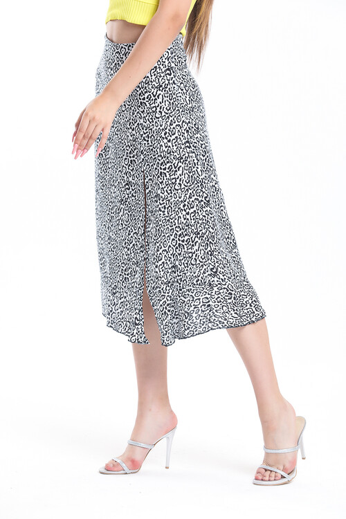 Yandan Fermuarlı Etek Ucu Pervazlı Yırtmaçlı Leopar Desenli Etek